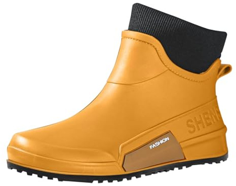 Stivali da pioggia da donna e uomo, invernali, caldi, piatti, antiscivolo, in gomma, durevoli, corti, impermeabili, caldi, imbottiti, stivali da giardino per lavoro, pesca, cucina, marrone, 44 EU
