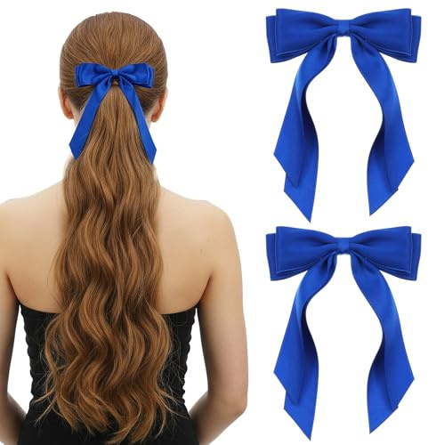 Matwsec 2PCS Blue Hair Bow Royal Blue Bows Clip With Ribbon Tails | Royal Blue Hair Accessories for Women Girls Wedding Dress Decor Barrettes