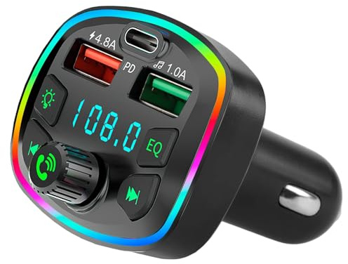 FM Transmitter Auto Bluetooth 5.0 KFZ Bluetooth Adapter Auto Freisprecheinrichtung Autoladegerät Zigarettenanzünder 2 USB et Type-C (PD 30W+QC 3.0) LED-Licht Freisprechen Car Musik-Player