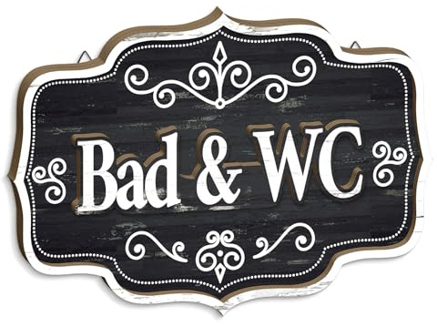 Putuo Decor Holzschild “Bad & WC” doppellagige Wanddekoration, Vintage Schwarz-Weiß Türschild mit Ornamenten, Dreieck-Aufhänger für Badezimmer Toilette Gäste-WC, Deko für Flur Praxis Hotel