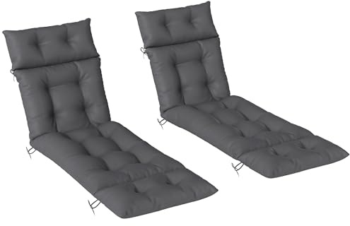 Outsunny Lot de 2 Coussins de Chaise Longue Coussin Bain de Soleil - épais, Confortable et rembourré - Matelas transat avec 6 Attaches, 190 x 56 x 10 cm, Gris foncé