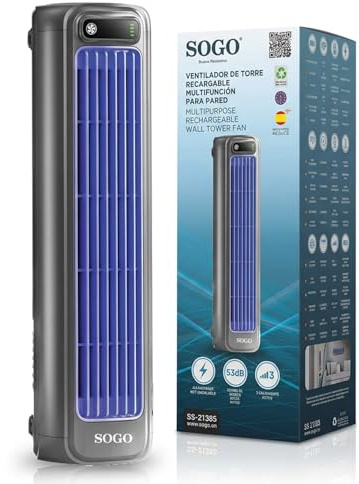 SOGO Ventilador de Torre Recargable Portátil - Ventilador de Torre Silencioso con Batería 2000 mAh, Oscilante, 3 Velocidades, USB Tipo C, Uso en Mesa o Pared | Torre de Aire Compacta