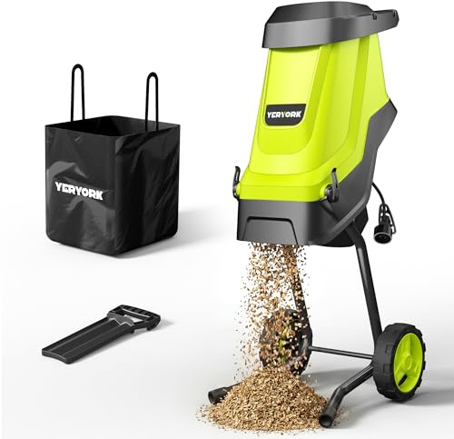 Yeryork Trituradora de madera, 15 amperios, capacidad de corte de 1.8 pulgadas, trituradora y trituradora de madera eléctrica con bolsa de colección de 45 L, trituradora eficiente para una fácil