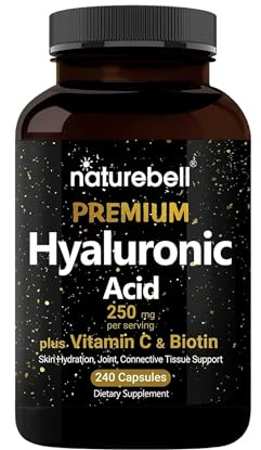 NatureBell Hyaluronic Acid 250mg - 240 Capsules - 250mg Hyaluronic Acid, 5000mcg Biotin & 25 mg Vitamin C - Supports Skin, Hair, Bone, Eye & Joint Health*