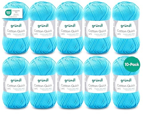 Gründl Wolle Cotton Quick uni Häkelgarn 10 Knäuel 50 g, Wasserblau | dünne Wolle zum Häkeln - Strickgarn - Häkelgarn - Glänzend und hautfreundlich - 100 % Baumwolle - 50 g / 125 m