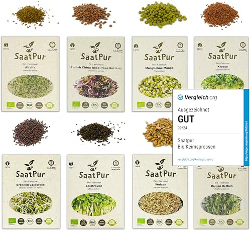SaatPur Frön ekologiska groddar sortiment set om 8, hög grobarhet, mikrogrönt för vitaminrik, vegansk kost, grobarhet frön groddar frön mikrobiologiskt testade, gräspappersförpackning