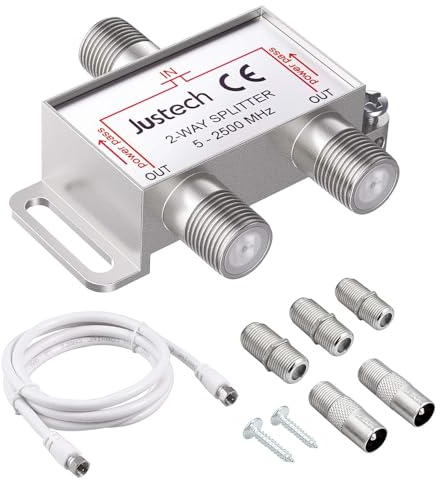 Justech TV Aerial Splitter 2 Way Satellite Splitter F Type Splitter 5-2500MHz with 1.5m Coax Cable F Plugs for Sky Box Telewest Eurovox Starview Dreambox