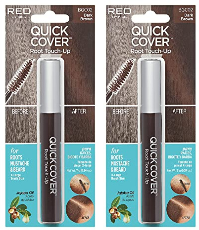 RED by KISS Quick Cover Root Touch Up Rescue (Dark Brown 2 Pack), Mascara Natural Water-Resistant Temporary Gray Concealer Cover Up Brush for Hair Mustache & Beard, Formulated with Jojoba Oil