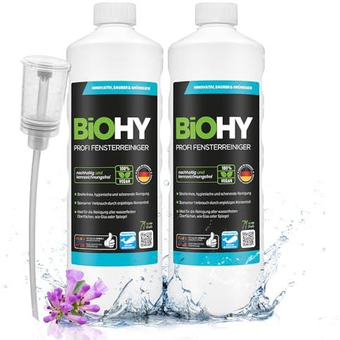 BiOHY Professionell fönsterrengöring (2 x 1l flaska) + doser | Koncentrat av glasrengörare, perfekt för alla FÖNSTERVAKUUM, Kärcher, Leifheit, etc. (Fensterreiniger)