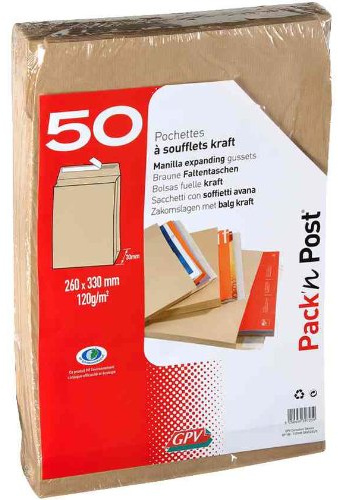 GPV Versandbeutel, Kraftpapier, Braun, 24 cm, 260 x 330 cm, 120 g/m², 5 Packungen mit je 50 Stück