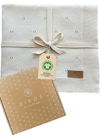 DIKOS® Babydecke Ajour Strick Creme weiß – leichte Neugeborenen Decke aus weicher Bio-Baumwolle (GOTS/Oeko-TEX) – Ideal als Taufdecke und Baby Erstausstattung - Geschenk zur Geburt Baby Mädchen/Junge