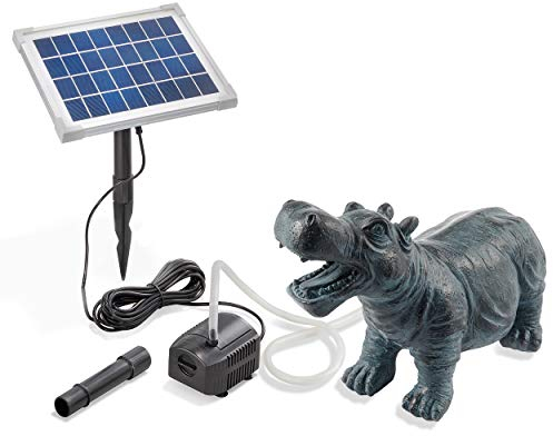 Esotec Solar Wasserspeier Set Hippo Nilpferd, Solarpumpe, Teichfigur Gartenfigur Gartenstatue, Tauchpumpe, Gartenbrunnen, Springbrunnen für außen Outdoor, Vogeltränke H=20cm 101658