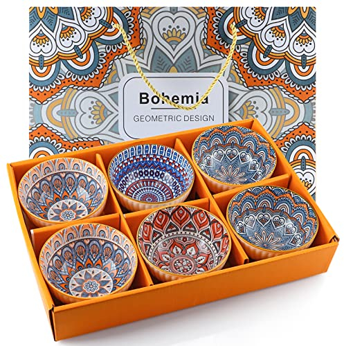Skelang 6 cuencos porcelana, 300 ml cuencos de cereales, cuencos bohemios, para cereales, sopa, postre, aperitivos, frutas, ensalada (patrón geométrico)