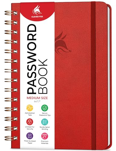 Clever Fox Password Book Spiral – Internet Address & Password Organizer with Laminated Alphabetical Tabs – Password Keeper Journal – Hardcover, Medium Size, 6.1x7.7” (Red)