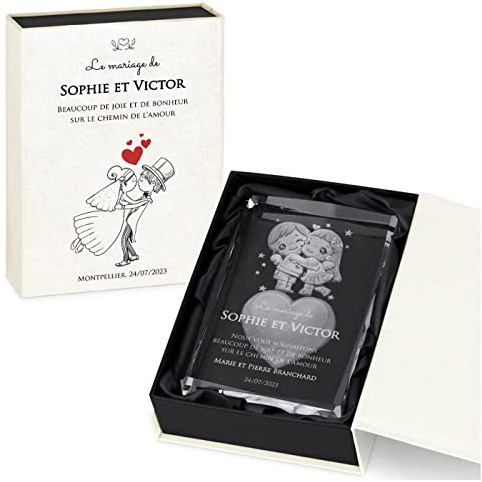 Maverton Statuette en Cristal avec Boîte personnalisée - Bloc de Verre 3D avec cœur pour Femmes - Statuette gravée pour Couples - Souvenir de Mariage - pour Anniversaire - Mariage