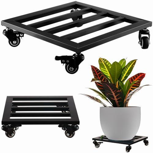 Large Metal Square Plant Caddy with Wheels 13.6” Iron Wrought Rolling Plant Stand with Casters Heavy-duty Plant Dolly for Indoor and Outdoor Plant Pot Roller Base Square Plant Movers, Glossy Black