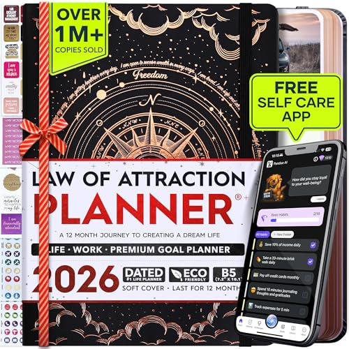 Law of Attraction Terminplaner 2026 – Wochen- & Monatsplaner Januar–Dezember | Life Organizer für Ziele, Produktivität & Achtsamkeit | Dankbarkeitstagebuch, Sticker & Geschenkbox