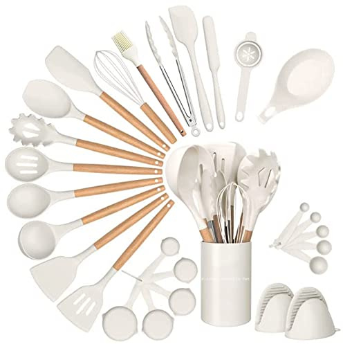 Juego de Utensilios de Cocina, 28pcs Silicona Utensilios de Cocina Set, Herramientas de Cocina Espátula Girador Pinzas Cuchara para Nonstick Resistente al Calor Utensilios de Cocina,Blanco