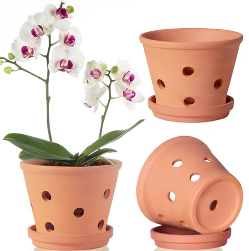 PDTXCLS Orchid Pot - 3pcs Set, Brown, 6 W x 5 L x 4.7 H, Indoor/Outdoor, Classic Style, Terracotta Clay, Breathable, Drainage Hole, Tabletop, Unfinished