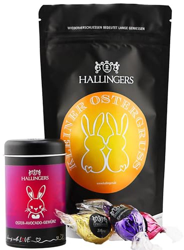 Hallingers Genuss Manufaktur Feinkost Oster-Geschenk-Set - wertig in der Wundertüte Kleiner Ostergr... kleines Osternest Pralinen-Ostereier & Avocado-Gewürz, Ostern Körbchen für Frauen Männer