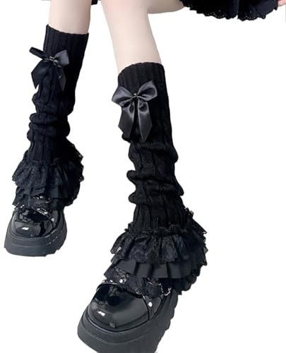 Lolita Beinstulpen mit Schleife und Spitze, Plüsch, gestapelter Socken für Mädchen, Schwarz, Einheitsgröße