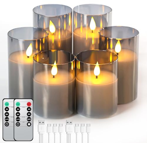 Forever Speed 6 Pezzi Vetro Grigio Candele LED Ricaricabili con Timer, Dimmerabile Candele Senza Fiamma con Cavo USB Flameless Candele per Decorazione per Feste, Campeggio, Matrimonio, Regali