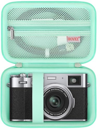 BOVKE Funda de Transporte para Fujifilm X100VI / X100V / X-E5 Cámaras Digitales, Bolsillo de Malla Adicional para Accesorios de Cámaras Fuji y Cables de Carga, Verde