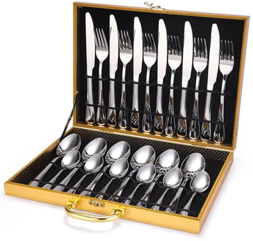 CVNIMV Ensemble d'argenterie, Ensemble de Vaisselle en Acier Inoxydable de 24 pièces, Couteau, Fourchette, cuillère, Support de Rangement Domestique, boîte Cadeau doré
