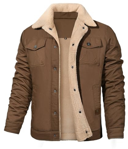 Voqeen Chaqueta de invierno para hombre con forro polar, cuello con solapa, chaqueta cargo térmica, chaqueta militar de combate, chaqueta gruesa de camionero, rompevientos con 5 bolsillos, marrón, M