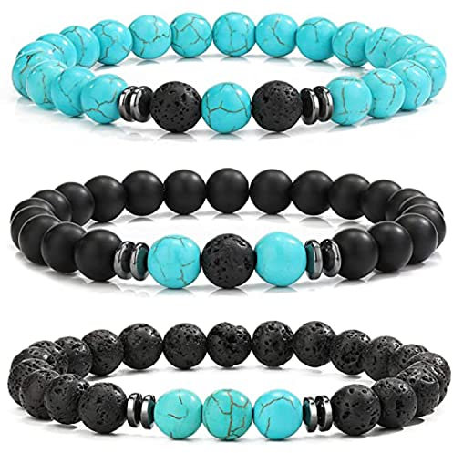APMGONT 8 mm Perlenarmbänder Set, 3 pcs Perlenarmband Herren mit Schwarzen Lavastein, Naturstein Yoga Perlen Elastische Armbänder Verstellbares Herren Armbänder Set Geschenke für Männer (Türkis)
