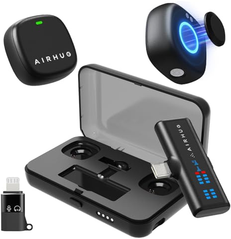 AIRHUG Kabelloses Lavalier-Mikrofon für iPhone/Android/PC, Ansteckmikrofon mit 60-Stunden-Akku, 48KHz 24Bit, Lightning/USB-C-Plug-Play, 3 Aufnahmemodi, kabelloses Mikrofon für Vlog, YouTube, Interview
