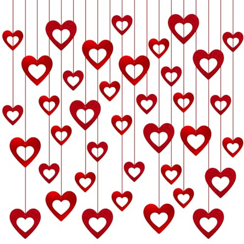 48 Pezzi Cuore Rosso Pendenti Appendere Rosso Glitter Cuore Hanging Swirls Decorations Cuore Ghirlanda da Appendere del Soffitto per Decorazioni San Valentino Matrimoni Anniversario