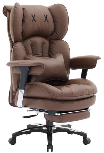 Efomao Desk Office Chair, Heavy Duty 200kg Big and Tall Executive Computer Chair, Unique XX Embroidery Ergonomic High Back PU Leather Chair with Retractable Footrest, Brown