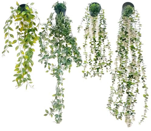 FloralGrace 4 Piezas de Planta Colgante Artificial, Plantas Artificiales Colgantes con Macetas, Planta de Imitación para Interior Exterior Oficina, Sala de Estar