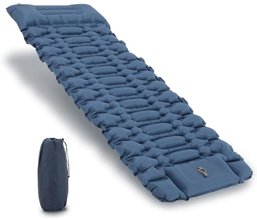 Matelas de camping auto-gonflant - Ultra léger - Gonflable - Avec pompe à pied et coussin - Imperméable - Pour la randonnée, la tente, la plage - Bleu
