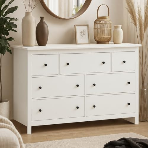 LARFOEK Kommode Weiß mit 7 Schubladen, 152 cm Breit Sideboard mit Große Stauraum, Kommodenschrank Aufbewahrungskommode für Schlafzimmer, Wohnzimmer, Küche, Flur