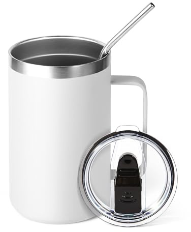 Volhoply 16oz Insulated Coffee Mug with Lid and Straw, Stainless Steel Travel Mugs with Handle, Double Wall Vacuum Leak Proof Coffee Tumbler Cup (White,1)