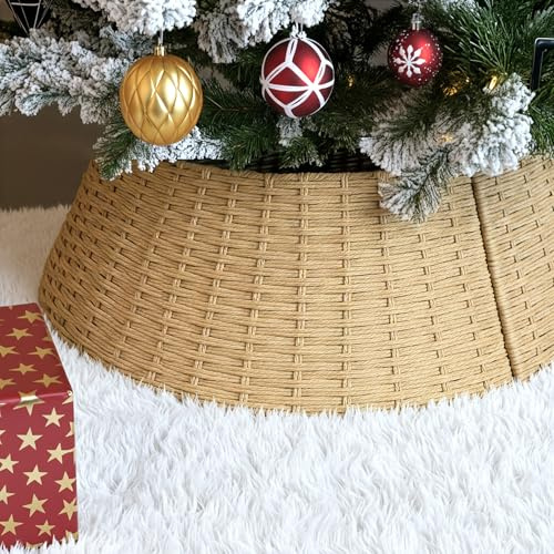 Christmas Tree Skirt - Wicker Style Collapsible Tree Stand Cover for Christmas Trees Under 7ft – Tree Trunk Basket Guard 57 x 40 x 26 cm