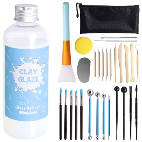 29pcs Clay Modellier Tools & 100ML Air Dry Clay Glaze Glasur für Ton Lufttrocknend zur Verhinderung von Rissen, Kratzern und Abrieb von Ton, Clay Tools zum Stippeln, Schnitzen, Gießen verwendet werden