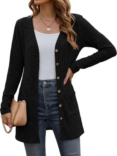 Cicy Bell Cardigan lungo da donna con bottoni, elegante, a maniche lunghe, con tasca, aperto sul davanti