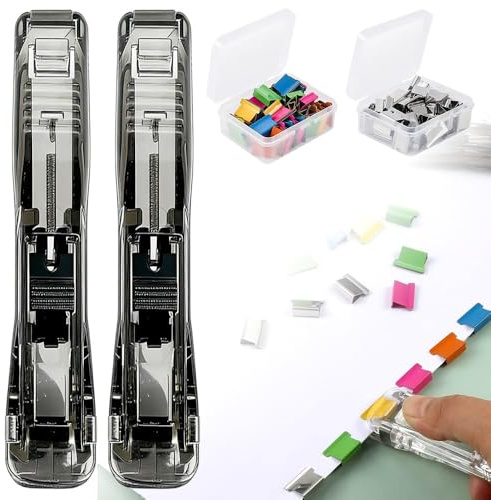2026 Neue 2 Stück Reusable Creative Stapler,Klammerloses Heftgerät,mit 100 Stück Wiederverwendbare Heftklammern,Hefter,Push Clamp Stapler Holder,Reusable Creative Mini Push Hefter Set