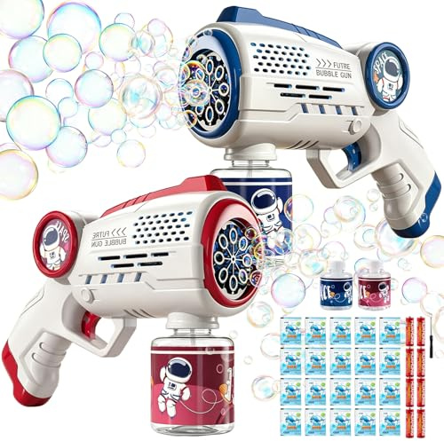 Seifenblasenpistole Seifenblasenmaschine Kinder, 2 Stück Mit LED Licht und 100 ML Tank, Automatische Bubble Gun mit 20 Pack Seifenblasen Flüssigkeit, Outdoor Spiele Kinder Party Spielzeug, Blau & Rot