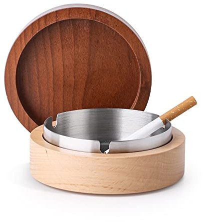 Windproof Ash Tray with Lid - Large, Wooden Cigarette Ashtray with Stainless Steel Liner for Outdoor and Indoor Use, Stylish Ashtray for Home and Office