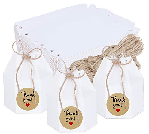 TsunNee 50 Stück sechseckige Süßigkeitenschachteln aus Papier, für Hochzeiten, Partygeschenkschachteln, kreative Süßigkeitenschachteln aus Papier, Party-Pakete mit Dankesaufklebern