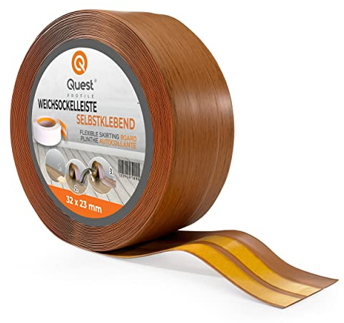 Quest Weichsockelleiste Selbstklebend, PVC Sockelleiste, Abschlussleiste - 32 mm x 23 mm - Flexible Knickleiste für Innenbereich, Wand, Boden - Dicht, Dekorativ - 5 Meter, Rustikale Eiche