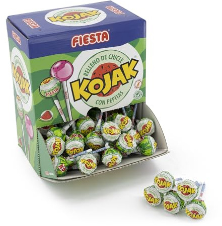 FIESTA Kojak - Sabor Sandía - Con Pepitas de Azúcar - Caramelo con palo relleno de chicle - Caja de 100 unidades