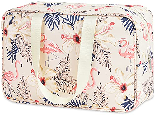 Volle Größe Kulturbeutel Große Kosmetiktasche Reise Make-up Taschen Organizer für Damen und Frauen (Beige Flamingo)