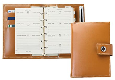 DELMON VARONE - Mini Pocket A6 Kalender 2026 Cambridge Top Grain Leder braun - Terminkalender Ringbuch & A-Z Telefonregister - Organizer Terminplaner mit Wochenansicht (1 Woche auf 2 Seiten)