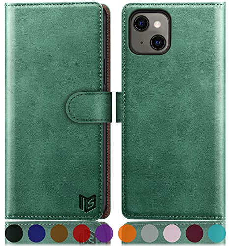 SUANPOT [RFID Schutz für iPhone 13 5G 6,1-Zoll Hülle PU Leder Handyhülle Lederhülle Klapphülle Kartenfach Flip Cover für Apple 13 Handy hülle Leather Wallet Phone Case hellgrün
