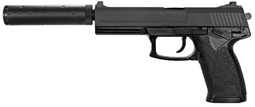 2EAGLE Pistolet Airsoft MK23 avec Silencieux factice-modèle à Ressort (Spring)-armement Manuel/Mode Coup par Coup-Couleur: Noir et Gris-Puissance 0.5 Joule